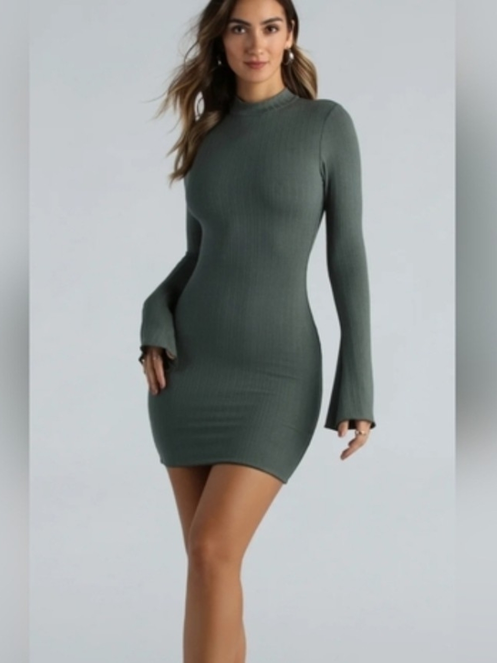 LEITH green High Neck Long Sleeve Ribbed Bodycon Mini Dress